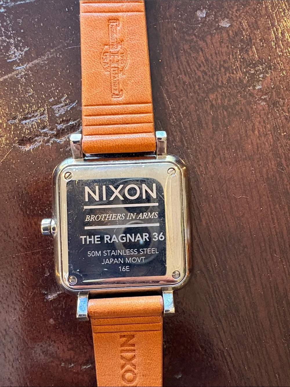Nixon Silver Square Case Watch with Tan Leather Strap